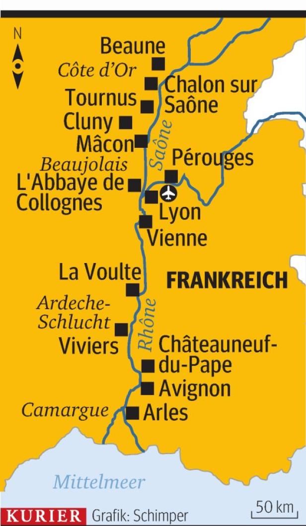 Eine Karte von Frankreich mit Städten wie Lyon, Beaune und Avignon entlang der Rhône und Saône.
