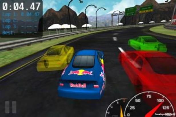 Red Bull Augmented Racing - App - iPhone - iTunes Ein blaues Rennauto mit Red Bull-Logo fährt auf einer Rennstrecke.