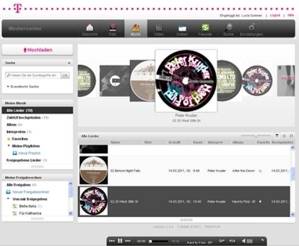 Ein Screenshot des T-Mobile Mediencenters mit Musikdateien von Peter Kruder.