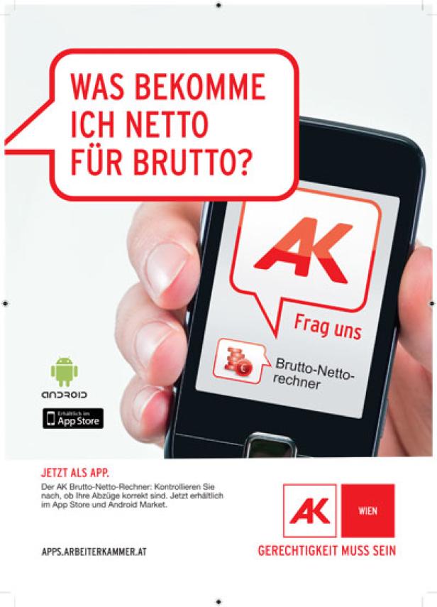 Ein Smartphone zeigt die App „Brutto-Netto-Rechner“ der Arbeiterkammer.