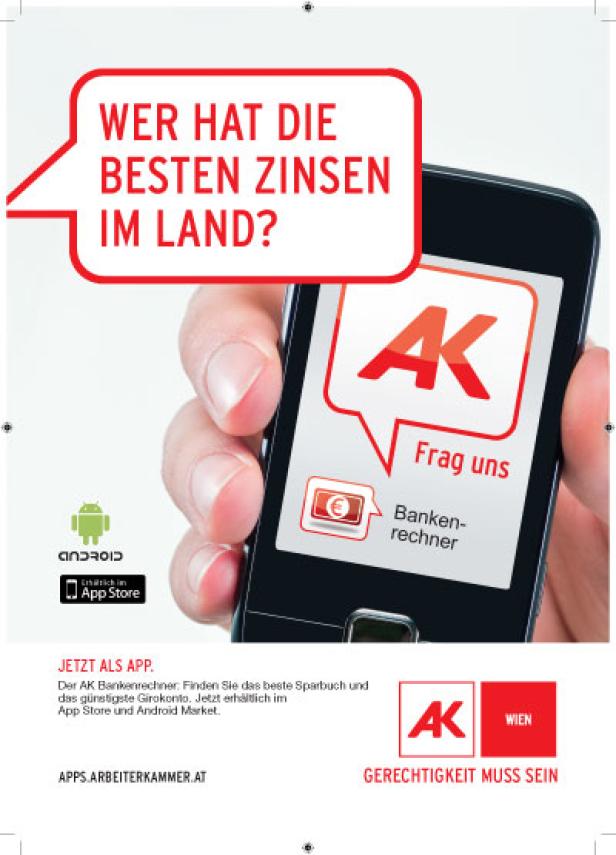 Eine Hand hält ein Smartphone mit Werbung für den AK Bankenrechner.