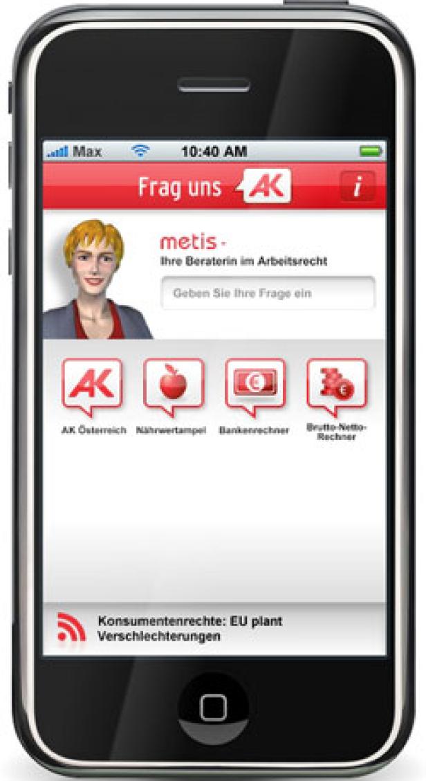 Ein iPhone zeigt die App „Frag uns AK“ mit einer virtuellen Beraterin für Arbeitsrecht.