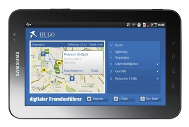 Ein Samsung-Tablet zeigt eine Navigations-App namens „HUGO“ mit einer Karte von Wien.