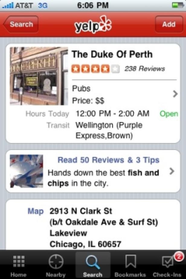 Yelp/iPhone-Version Ein Screenshot der Yelp-App mit Informationen über „The Duke Of Perth“ in Chicago.