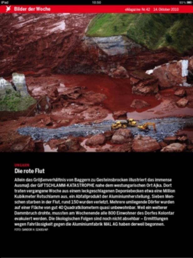 Roter Schlamm überflutet eine Landschaft in Ungarn nahe Ajka, wo eine Million Kubikmeter ausgelaufen sind.