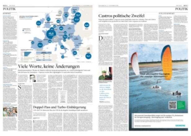 Eine Zeitungsseite mit Artikeln über Politik und Wirtschaft.
