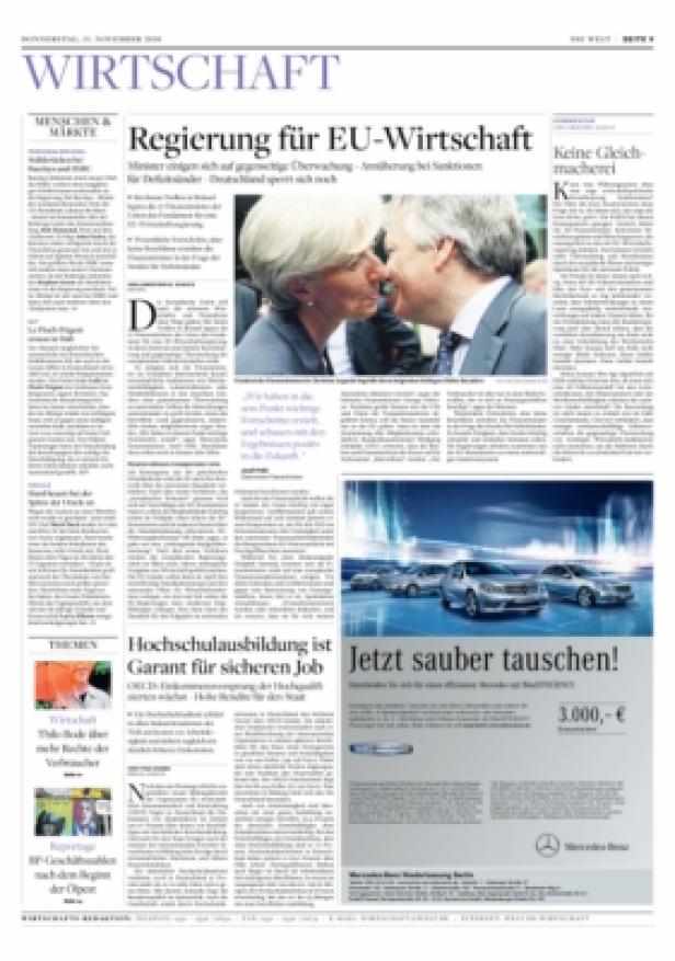 Titelseite einer Wirtschaftszeitung mit Artikeln über EU-Wirtschaft und Hochschulbildung.