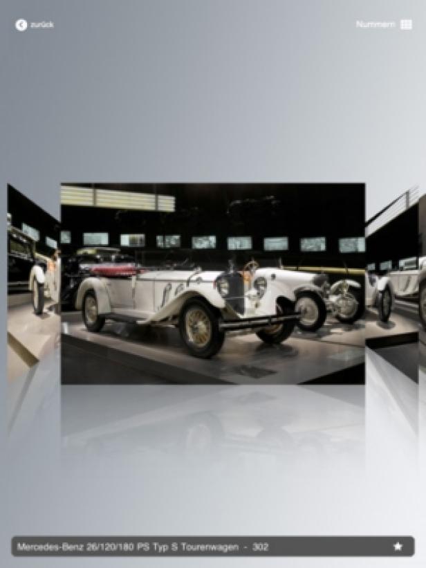 Ein weißer Mercedes-Benz 26/120/180 PS Typ S Tourenwagen wird ausgestellt.