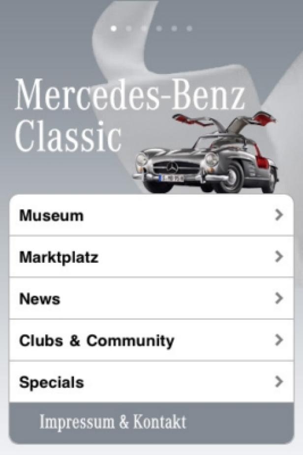 Screenshot der Mercedes-Benz Classic App mit Menüpunkten wie Museum und News.