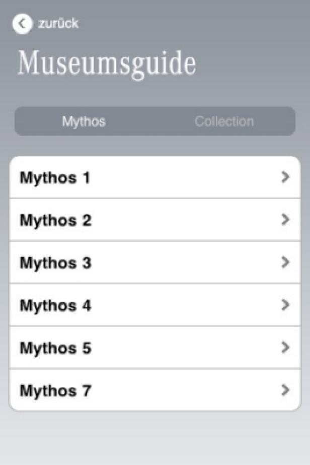 Ein Screenshot der „Museumsguide“-App mit einer Liste von Mythen.