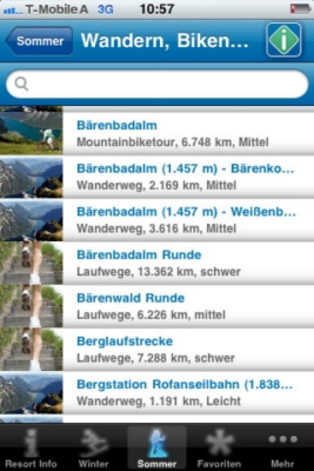 Ein Screenshot einer App mit Wander- und Bike-Routen in den Bergen.