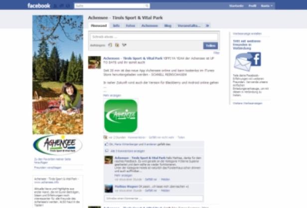 Ein Screenshot der Facebook-Seite von Achensee - Tirols Sport & Vital Park.