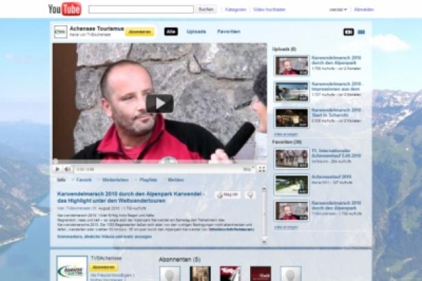Ein Screenshot der YouTube-Seite von Achensee Tourismus mit Videos über die Region.