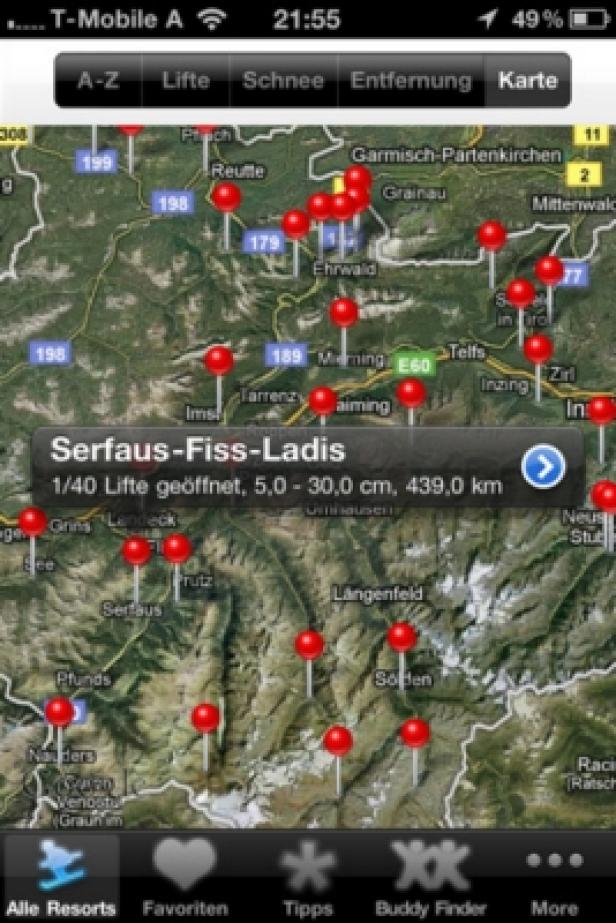 Ein Smartphone-Screenshot einer Karten-App mit Markierungen für Skigebiete, darunter Serfaus-Fiss-Ladis.