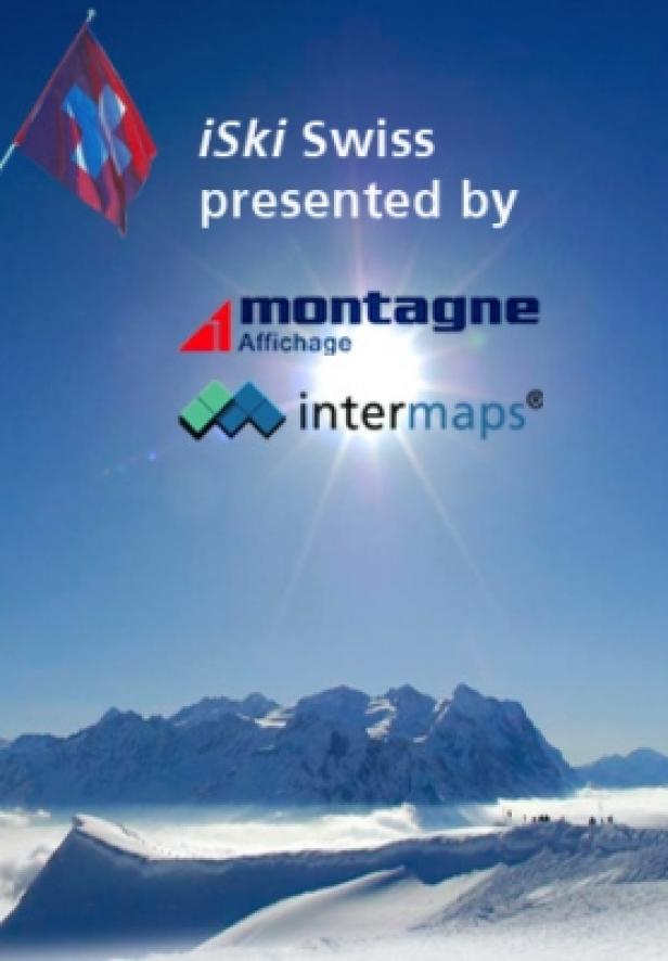 Das iSki Swiss-Logo vor einer verschneiten Berglandschaft unter blauem Himmel.