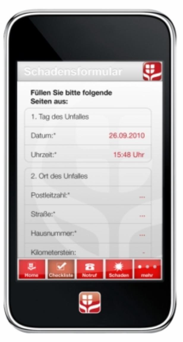 Auf einem Smartphone ist ein Schadensformular zu sehen, das ausgefüllt werden soll.