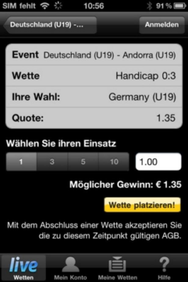 Ein Screenshot einer Wett-App für ein Fußballspiel zwischen Deutschland U19 und Andorra U19.