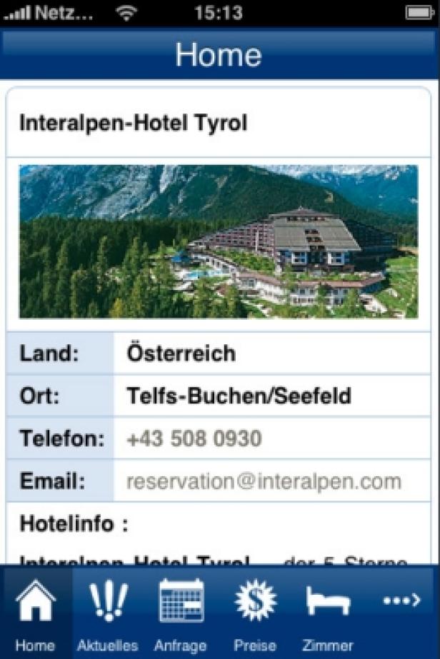 Interalpen Hotel Tyrol/iPhone-App/Liquid Air Lab Screenshot einer Hotel-App mit Informationen zum Interalpen-Hotel Tyrol.