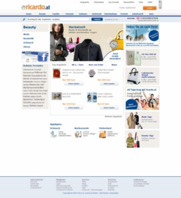 Die Webseite ricardo.at zeigt Angebote für Mode, Kosmetik und Accessoires.