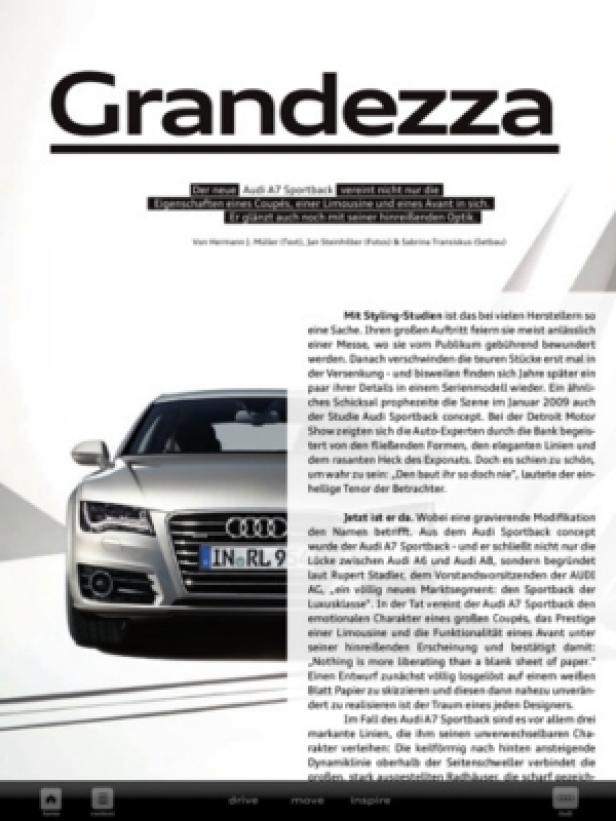 Ein silberner Audi A7 Sportback auf einer Magazinseite.