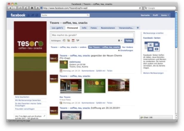 Ein Screenshot der Facebook-Seite von „Tesoro – coffee, tea, snacks“.