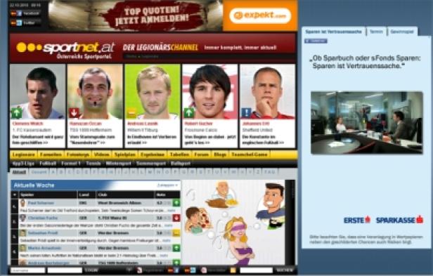 Ein Screenshot der Sportnet.at-Webseite mit Sportnachrichten und Werbung.