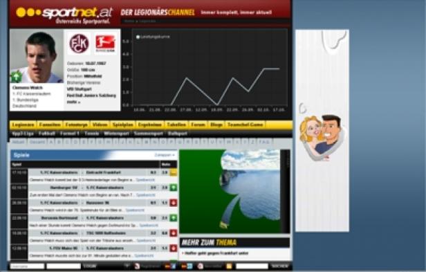 Ein Screenshot der Sportnet.at-Website mit Fußballinformationen und einem Cartoon-Paar.