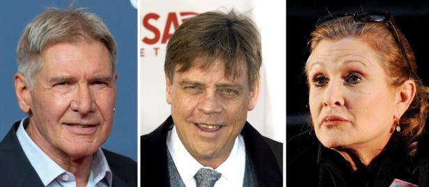 Porträts von Harrison Ford, Mark Hamill und Carrie Fisher.