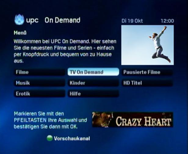Ein UPC On Demand Menü mit der Option „TV On Demand“ ist ausgewählt. Unten ist der Filmtitel „Crazy Heart“ zu sehen.