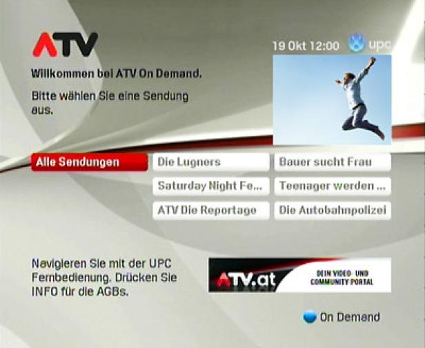 Ein Bildschirmmenü von ATV On Demand mit verschiedenen Sendungstiteln und einem springenden Mann.