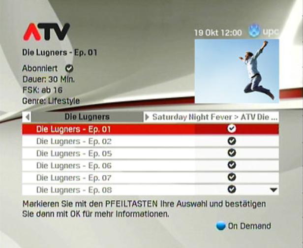 Ein Fernsehmenü zeigt die Sendung „Die Lugners - Ep. 01“ auf ATV, mit einem kleinen Bild eines springenden Mannes.