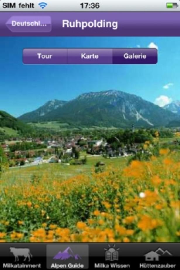 Screenshot einer App für Ruhpolding mit Blick auf die Berge.