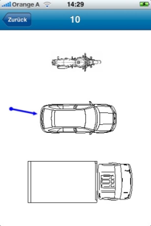 Draufsicht auf ein Auto, ein Motorrad und einen Lastwagen auf einem Smartphone-Bildschirm.