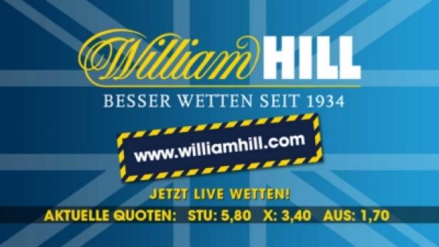 Werbung für William Hill mit dem Slogan „Besser Wetten seit 1934“ und aktuellen Quoten.