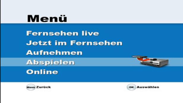 Ein Menü mit Optionen wie „Fernsehen live“, „Aufnehmen“ und „Abspielen“ auf einem blauen Bildschirm.