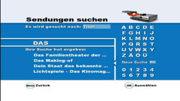 Ein Fernsehbildschirm zeigt eine Suchmaske für Sendungen mit alphabetischer Tastatur.
