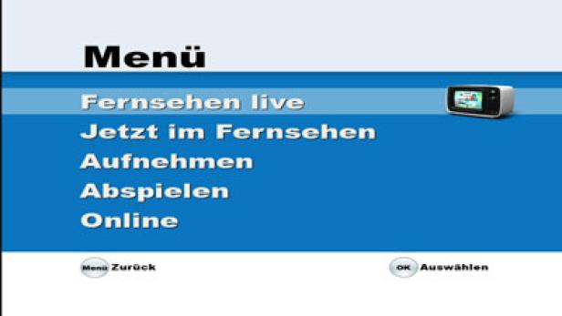 Ein Menü mit Optionen wie „Fernsehen live“, „Aufnehmen“ und „Online“ wird auf einem Bildschirm angezeigt.