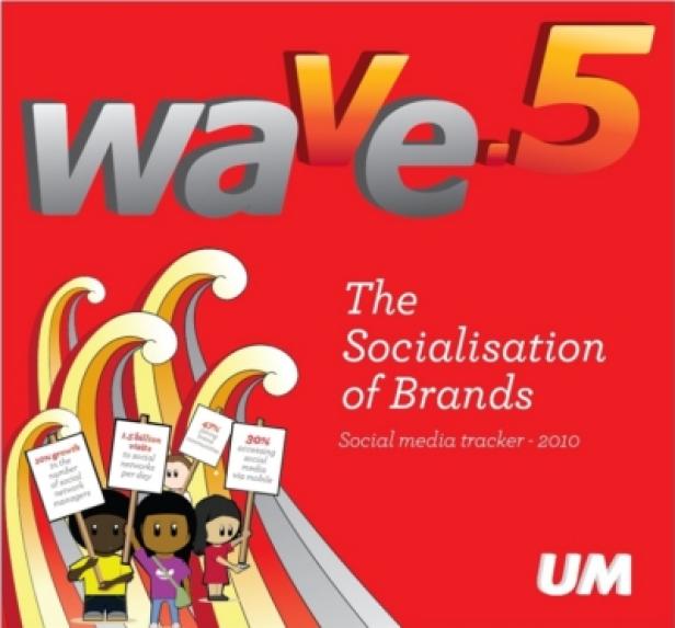 Das Cover von „Wave 5: The Socialisation of Brands“ zeigt stilisierte Figuren mit Social-Media-Statistiken.
