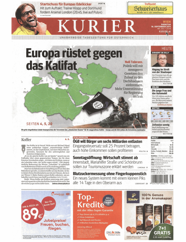 Titelseite des Kurier vom 16. September 2014 mit dem Titel „Europa rüstet gegen das Kalifat“.