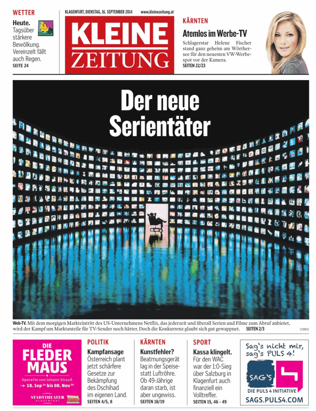 Titelseite der Kleinen Zeitung vom 16. September 2014 mit dem Titel „Der neue Serientäter“.