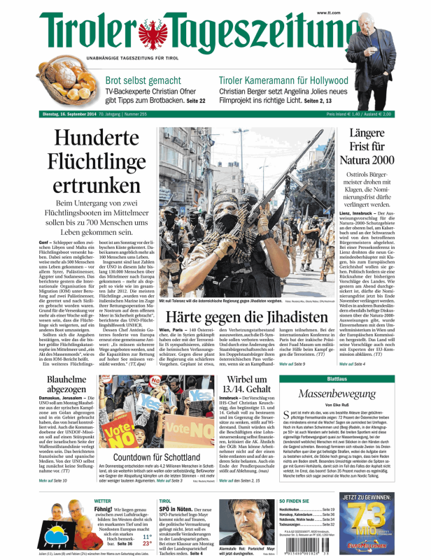 Titelseite der Tiroler Tageszeitung vom 16. September 2014.