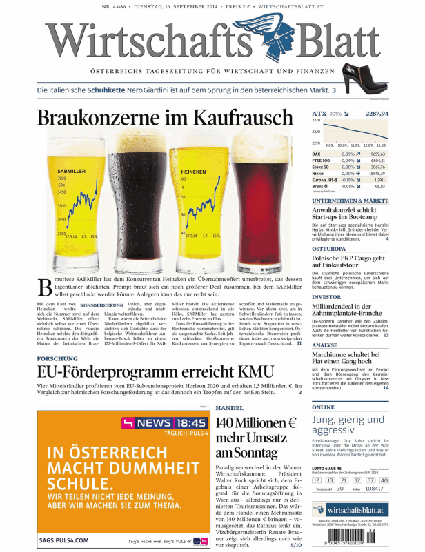 Drei Gläser mit Bier der Marken SABMiller, Heineken und einer weiteren Marke mit steigenden Aktienkursen im Hintergrund.