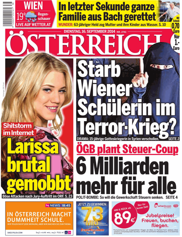 Titelseite der österreichischen Zeitung „Österreich“ vom 16. September 2014.