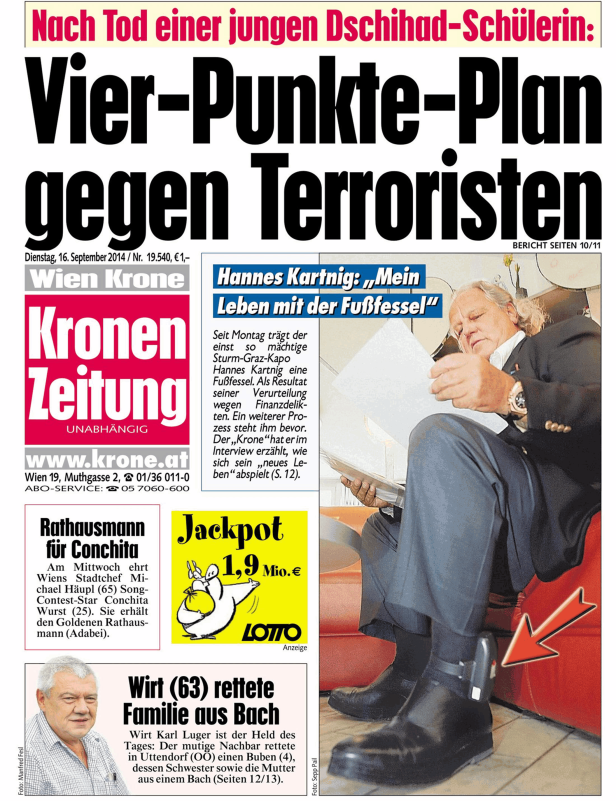 Titelseite der „Kronen Zeitung“ vom 16. September 2014 mit Artikeln zu Terrorismus und Hannes Kartnig mit Fußfessel.