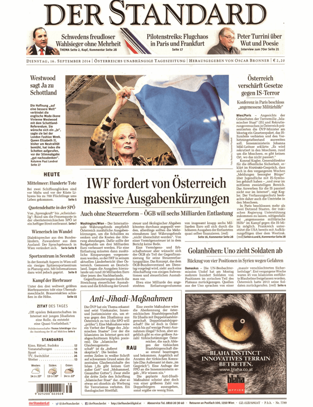 Titelseite der Zeitung „Der Standard“ vom 16. September 2014.