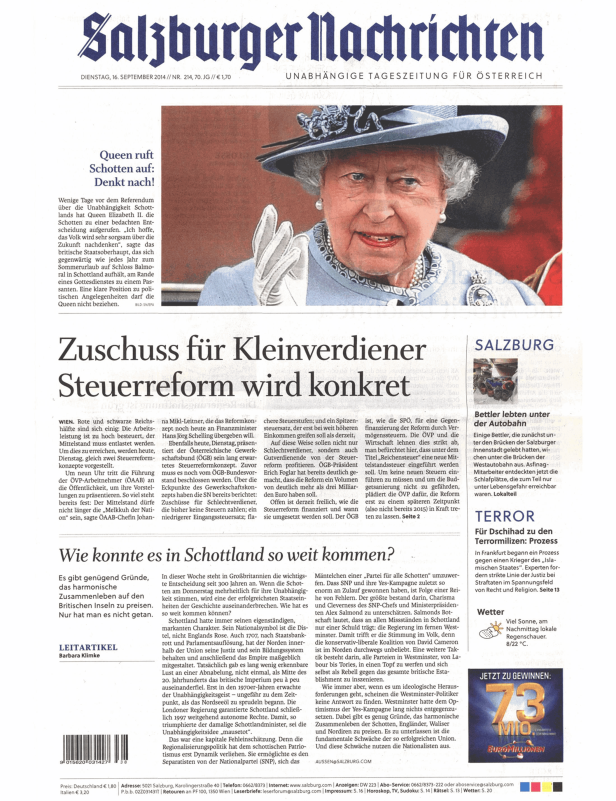 Titelseite der Salzburger Nachrichten vom 16. September 2014 mit einem Artikel über Queen Elizabeth II. und das schottische Referendum.