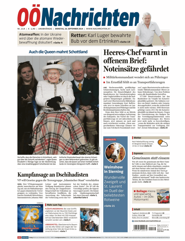 Titelseite der OÖNachrichten vom 16. September 2014 mit Queen Elizabeth II..