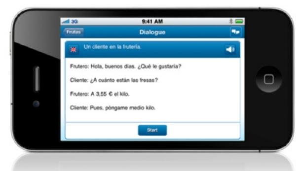 busuu.com-Sprachlern-App (c: busuu.com) Ein iPhone zeigt eine Spanisch-Lern-App mit einem Dialog über einen Kunden in einem Obstladen.