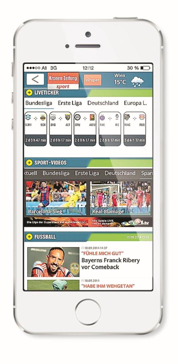 Ein iPhone zeigt die Sport-App der „Kronen Zeitung“ mit Fußball-Liveticker und Videos.