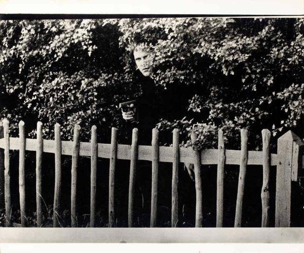 Eine Person mit einer Kamera steht hinter einem Holzzaun und Büschen.